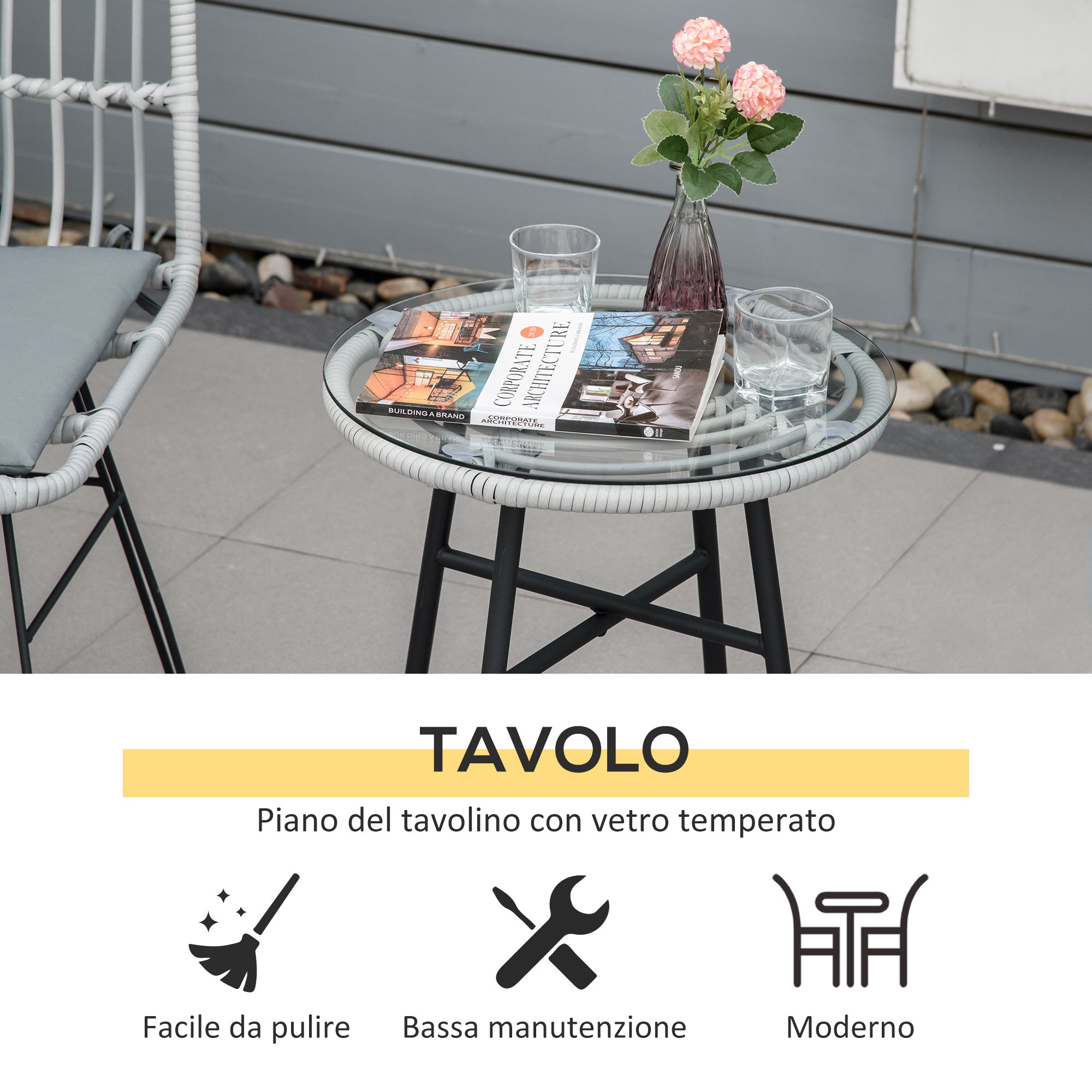 EasyComfort Set Mobili da Giardino 3 Pezzi con Tavolino e Sedie in Rattan PE, Poilestere e Acciaio per Esterni, Grigio