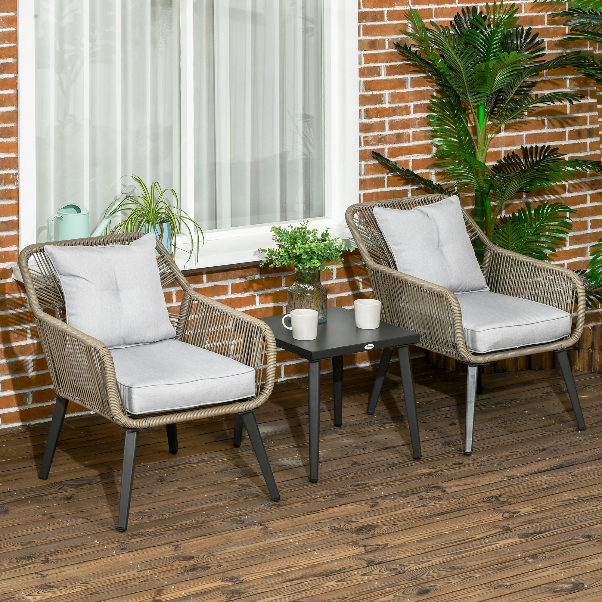 EasyComfort Set Tavolino e Sedie da Giardino 3 Pezzi in Rattan PE e Acciaio con 2 Sedie Moderne e 1 Tavolino da Caffè