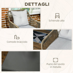 EasyComfort Set Tavolino e Sedie da Giardino 3 Pezzi in Rattan PE e Acciaio con 2 Sedie Moderne e 1 Tavolino da Caffè