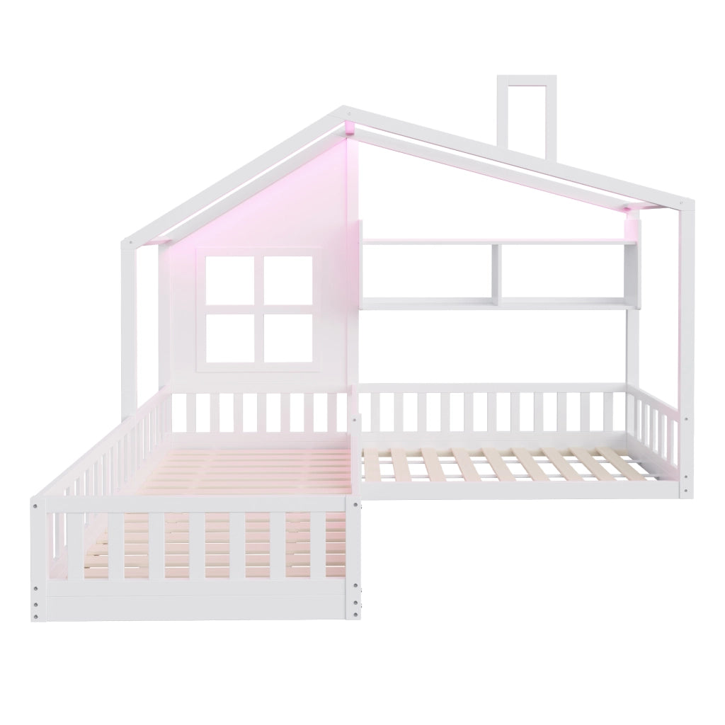 Letto per bambini a forma di casetta 90x200 cm con LED, scaffali e spondine di sicurezza, bianco