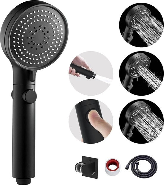 Douchekop con aumento della pressione con stopper d'acqua e 3 tipi di getto - nero