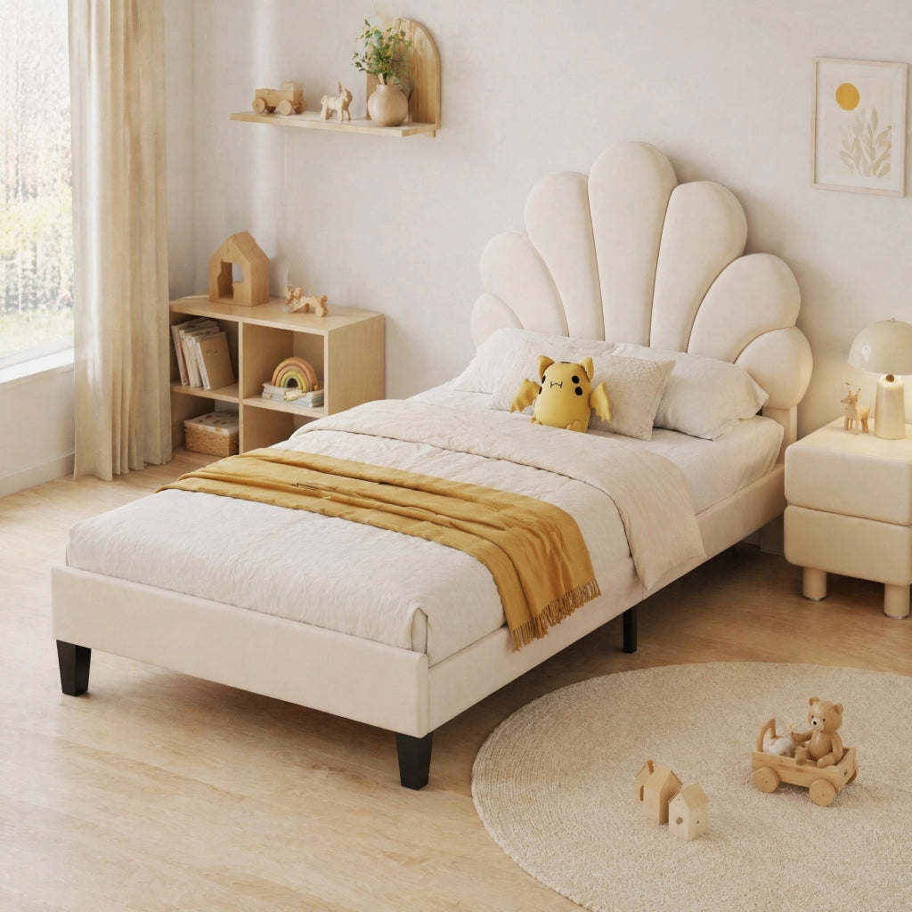 Letto imbottito 90x200 cm con testiera floreale beige