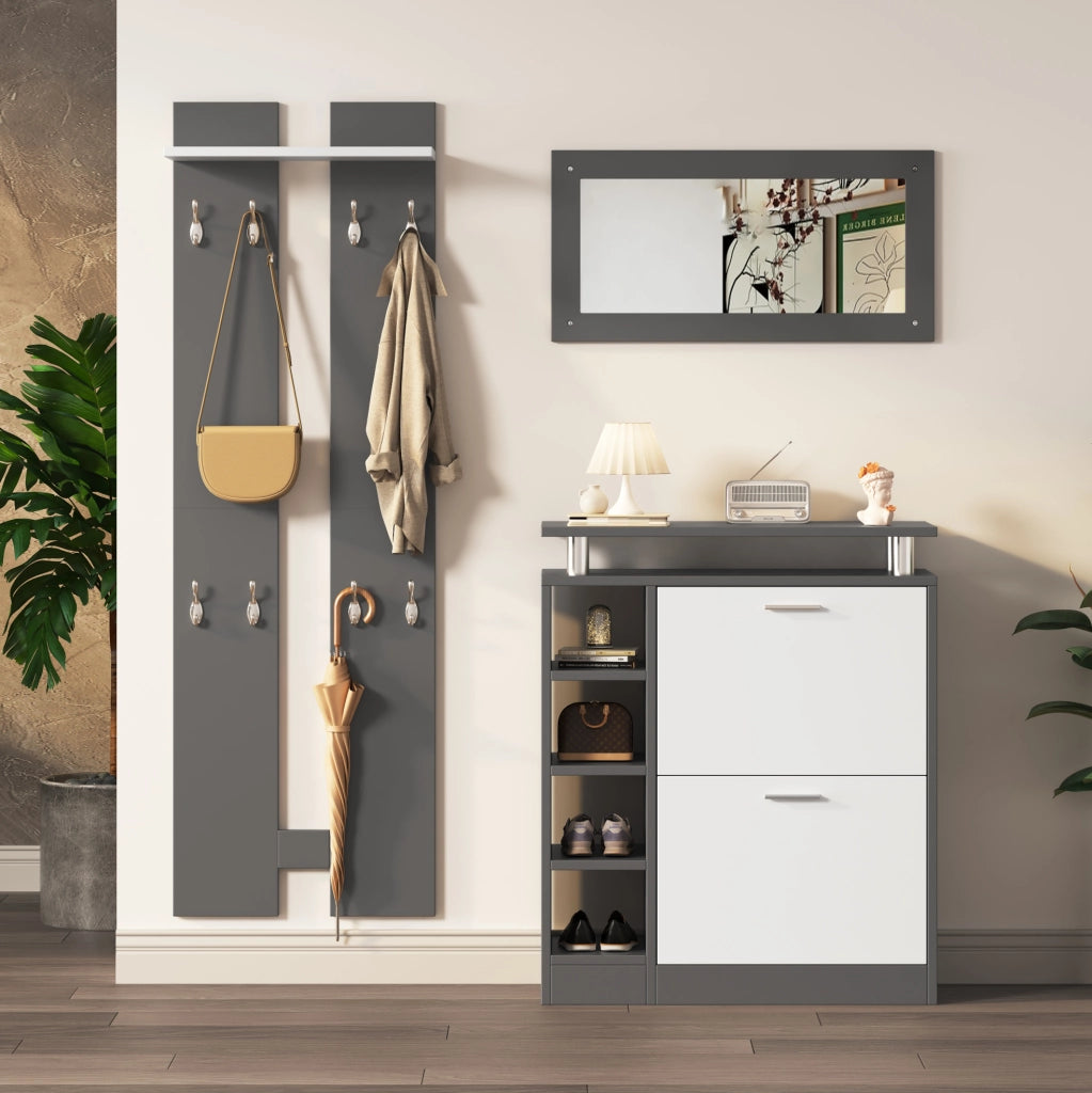 Set guardaroba da ingresso con scarpiera 80x25x96;5 cm; specchio e 8 ganci; grigio e bianco