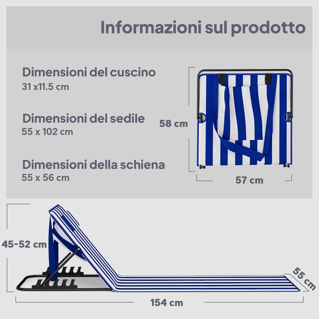 Set 2 Sdraio da Spiaggia 154x57x52 cm con Schienale Regolabile su 4 Livelli in Acciaio e Poliestere Blu Bianco