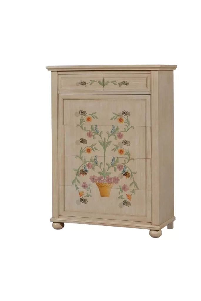 Cassettiera in legno shabby avorio pennellato decori 102x44x142 - Mobili 2G