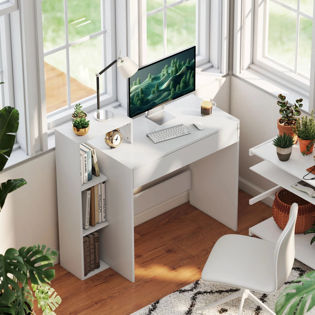 Scrivania PC Moderna con 3 Ripiani Aperti e Cassetto ¨C zephmum ¨C Legno Bianco 100x40x90