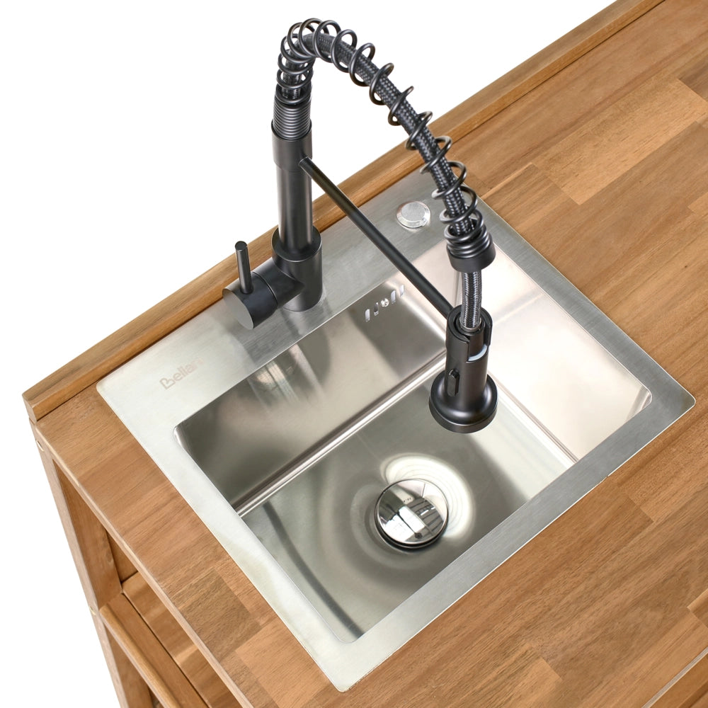 Isola da cucina per esterni con lavello e rubinetto in legno di acacia marrone e nero a 2 ripiani in acciaio inox con piano 50 x 80 x 90 cm