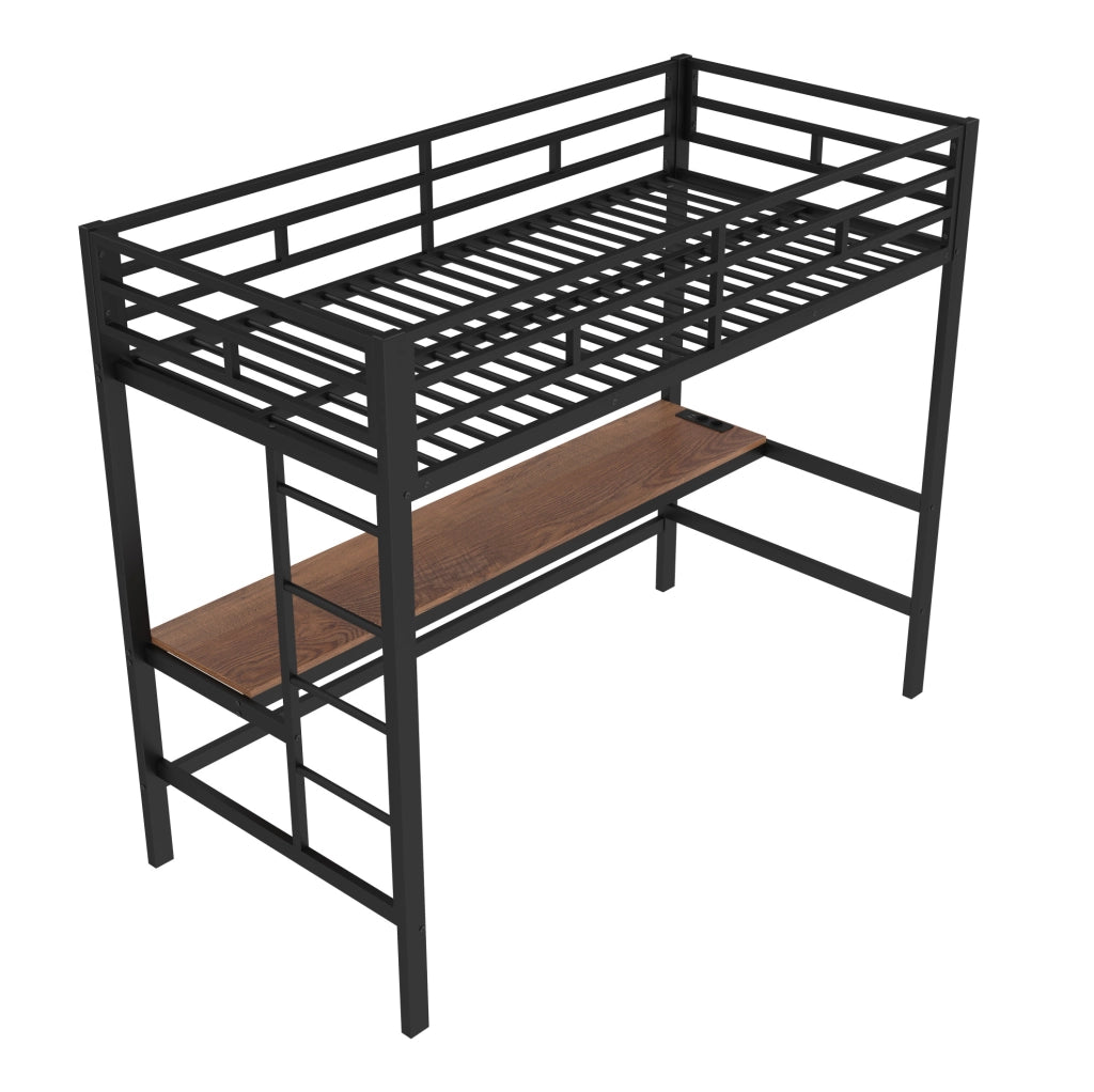 Letto a soppalco 90x200 cm con scrivania e luce LED; metallo; nero (Senza materasso)