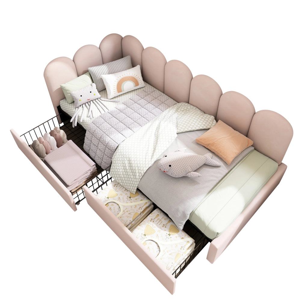Letto singolo imbottito con 2 cassetti 90x190 cm in velluto rosa con rete a doghe