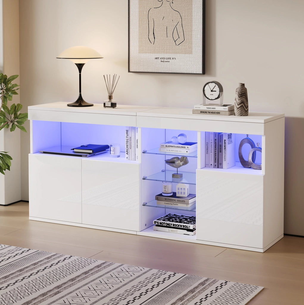Credenza soggiorno bianca con LED e ante lucide