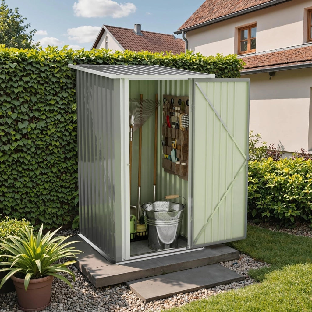 Casetta da giardino in metallo 96 x 98 x 160 cm, capannone da giardino con tetto a falde, robusto e inossidabile, guanti da lavoro inclusi, porta girevole bloccabile, piccolo capanno da