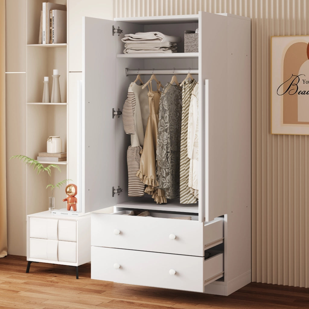 Armadio Guardaroba Bianco 70×40×170 cm con 2 Ante; Cassetti e Ripiani Interni per Camera da Letto