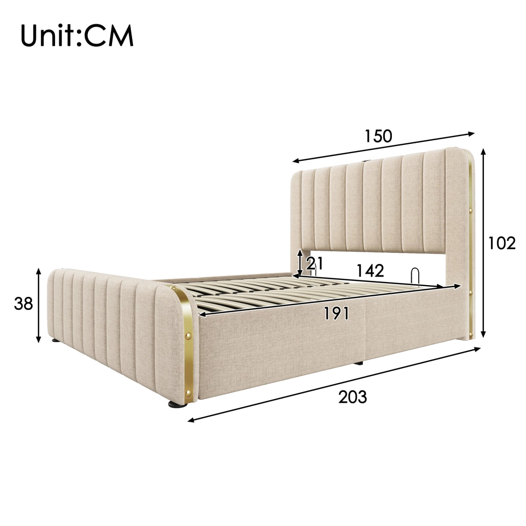 Letto matrimoniale in lino beige 140x190 strisce dorate USB Type-C sollevamento idraulico