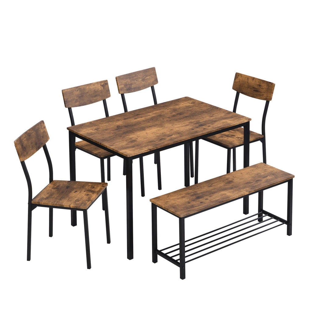 Set tavolo da pranzo 6 posti marrone e nero con panca e 4 sedie