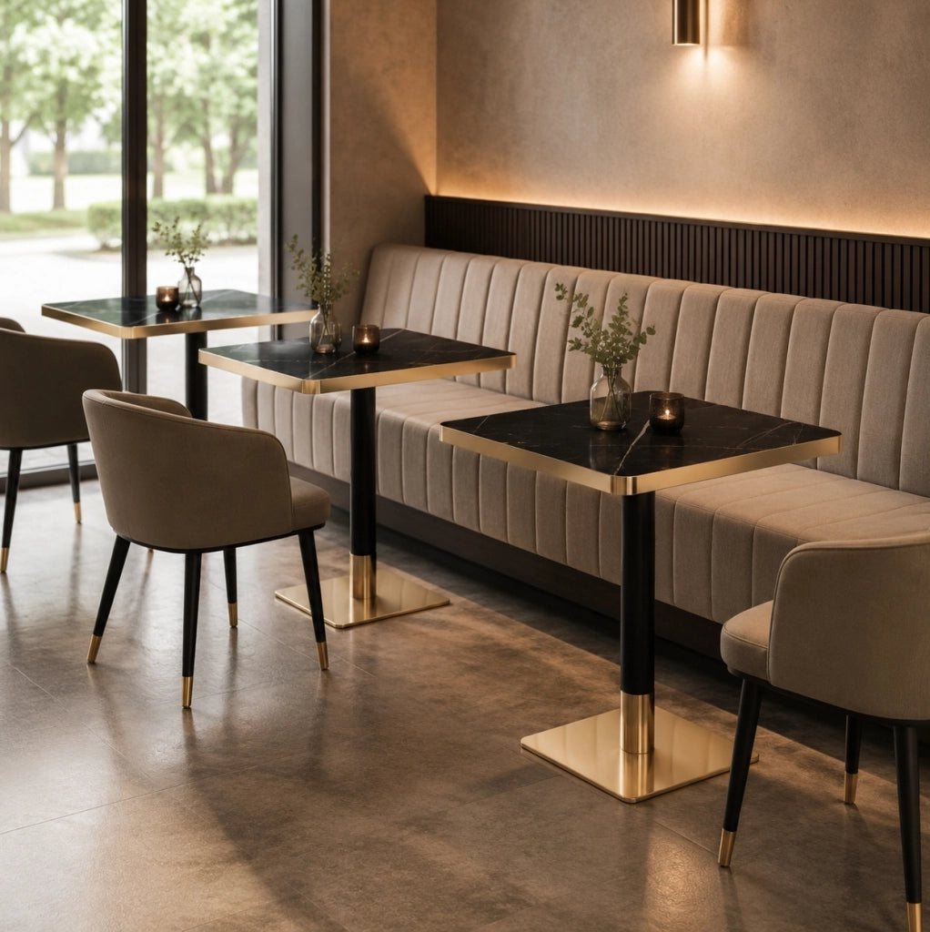 Tavolo quadrato 60x60 cm effetto marmo con bordo dorato e struttura in metallo nero