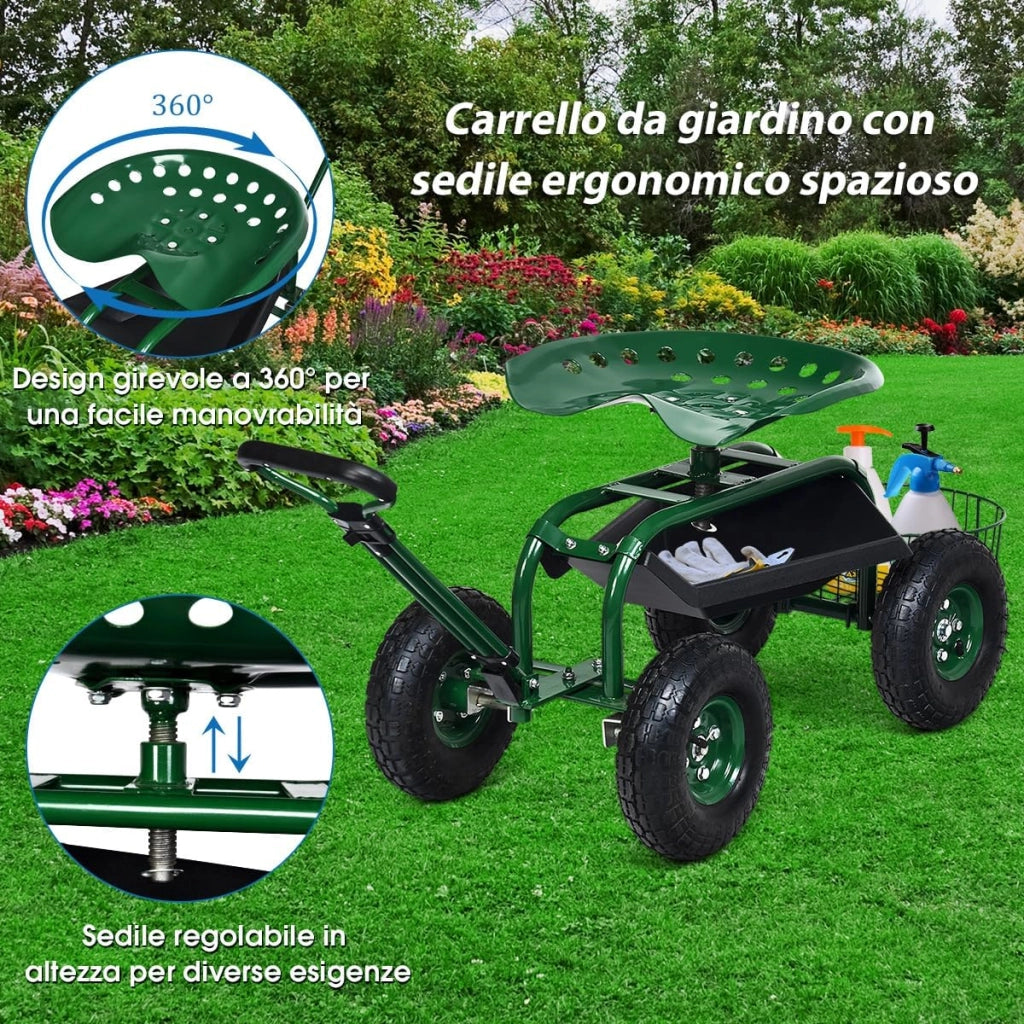 Sgabello per Giardinaggio con Ruote, Sedile da Giardino Regolabile in Altezza con Manico Estensibile, Cesto Portaoggetti, 2 Vassoi e 4 Ruote in Gomma (96,5 x 48,5 x 45,5-54,5 cm)