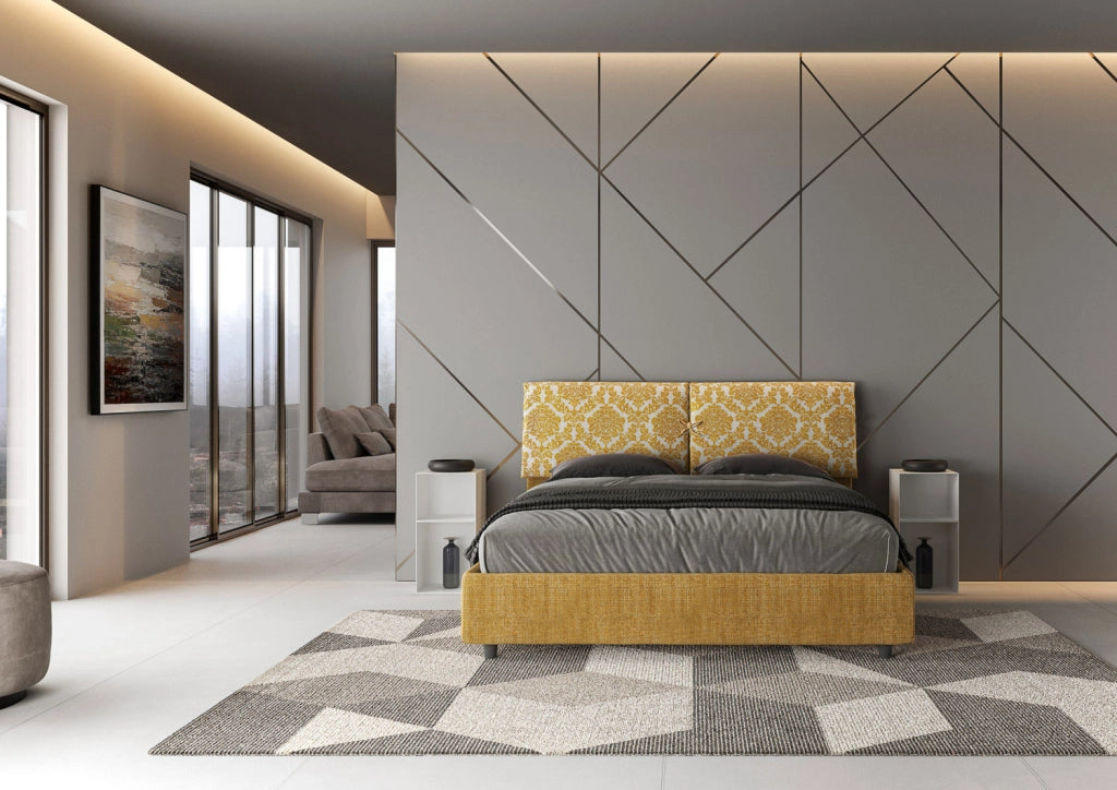 Letto Matrimoniale 160x190 cm con Rete e Contenitore con Testata e Alzata Comoda Imbottito in Tessuto Agata Mados Giallo