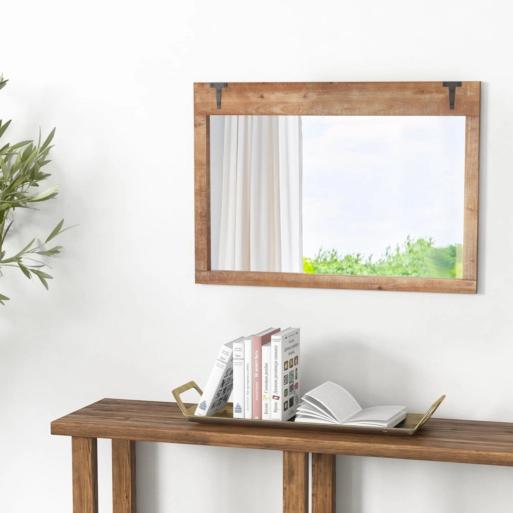Specchio da Parete Stile Fattoria, 100 x 70 cm Specchio Decorativo Rettangolare da Parete con Cornice in Legno, per Bagno Soggiorno Camera da Letto, Verticalmente o Orizzontalmente