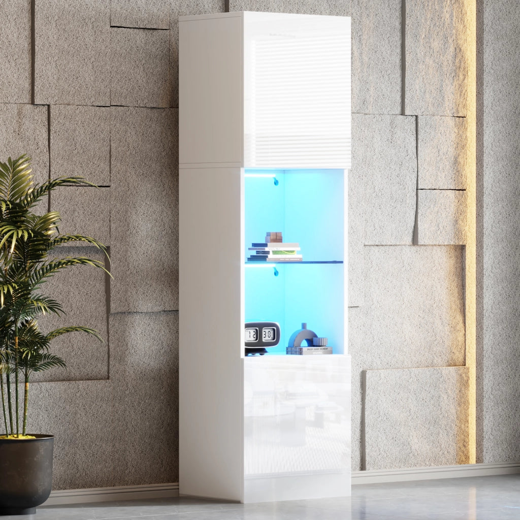 Vetrina con LED e 1 ripiano in vetro, anta lucida, per soggiorno e ufficio, truciolare bianco, 45 × 35 × 160 cm
