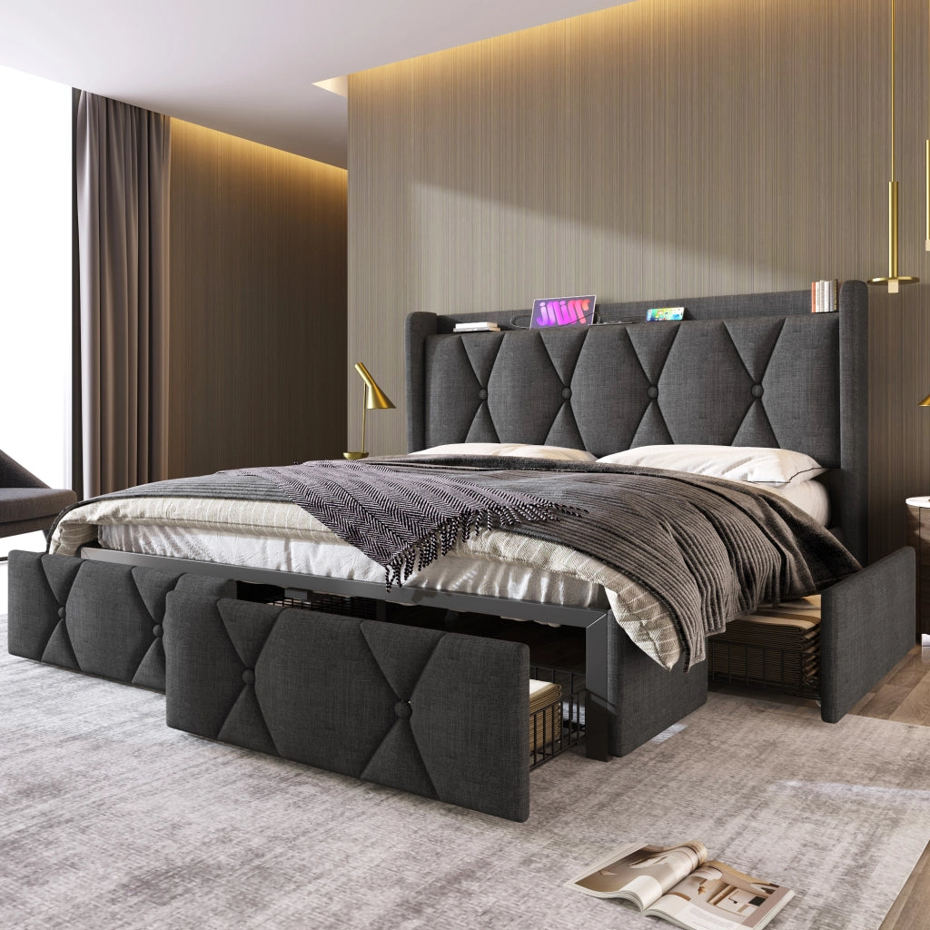 LETTO Contenitore 140x200 cm Grigio in lino con 4 cassetti e prese USB
