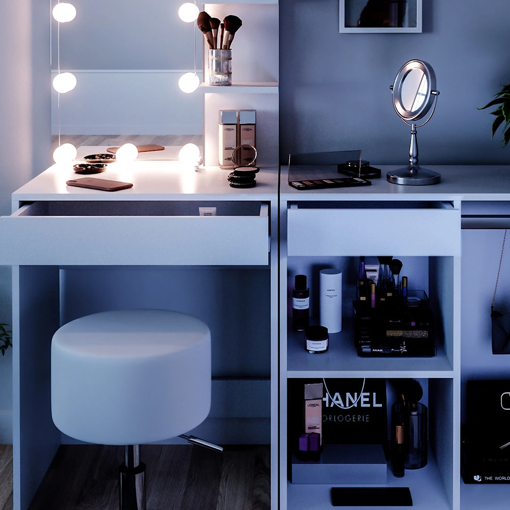 Vicco Tavolo da toeletta Bianco 140 cm con LED, sgabello e armadio
