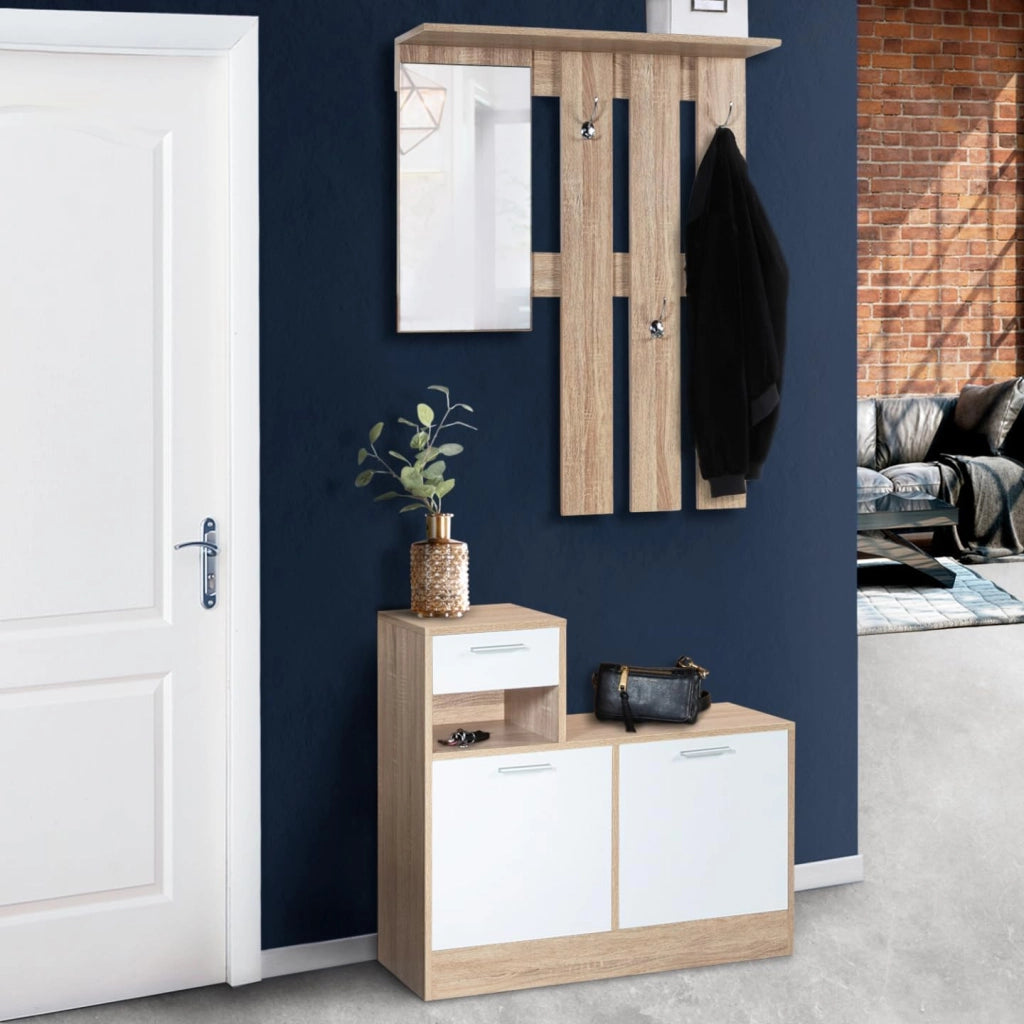 Mobile da ingresso, appendiabiti con specchio, design in legno faggio e ante bianco PAULIN