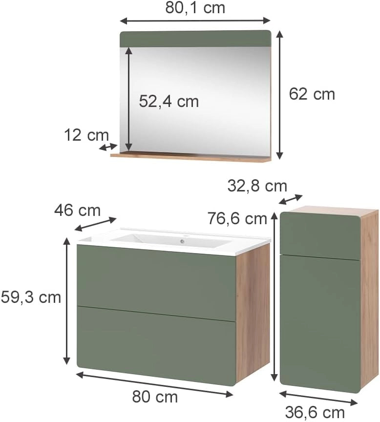 Set di mobili da bagno Izan, Goldkraft rovere/verde, 4 pezzi con unità midi