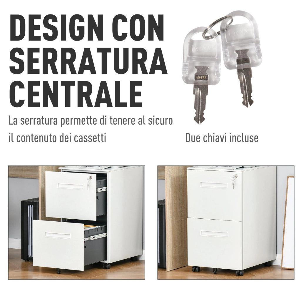 Cassettiera Schedario 2 Cassetti da Ufficio 39x48x67 cm in Acciaio Bianco