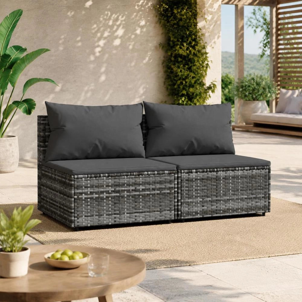 Garden Middle Sofas With Cushions 2 Pcs. Grey Poly Rattan