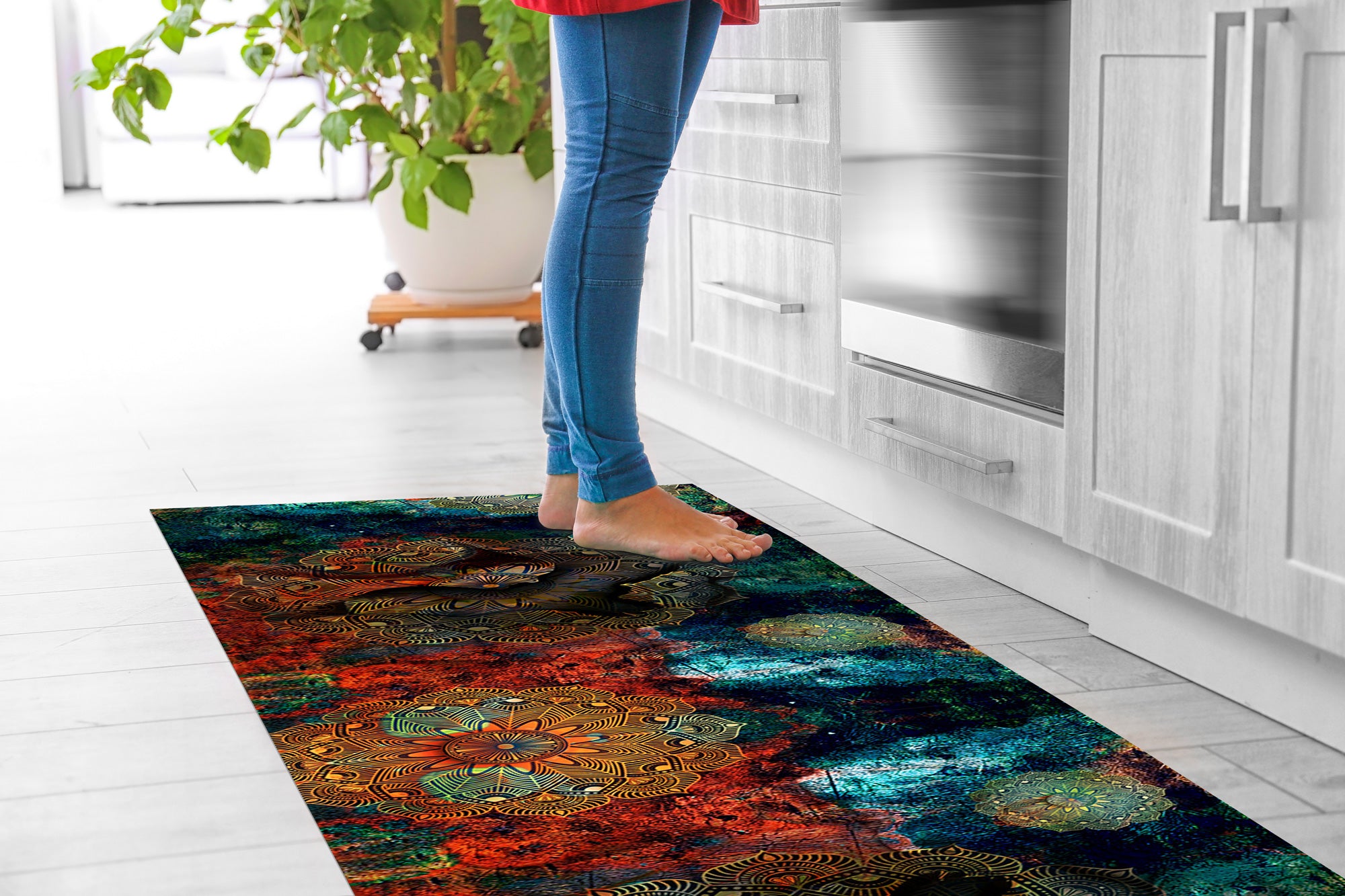 Tappeto passatoia fantasia made in Italy antiscivolo lavabile aderente Mandala Petrolio - 50x350 cm