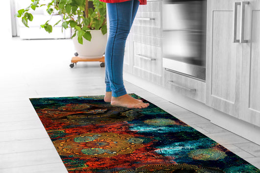 Tappeto passatoia fantasia made in Italy antiscivolo lavabile aderente Mandala Petrolio - 50x200 cm