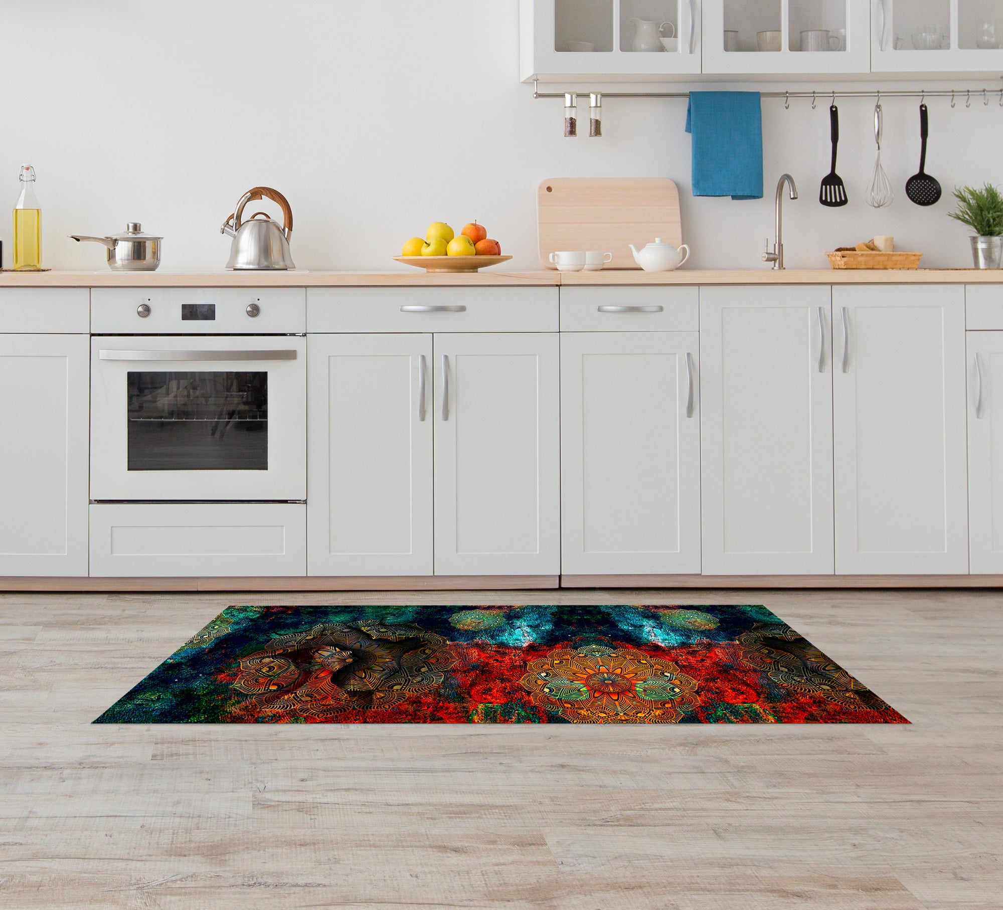 Tappeto passatoia fantasia made in Italy antiscivolo lavabile aderente Mandala Petrolio - 50x350 cm