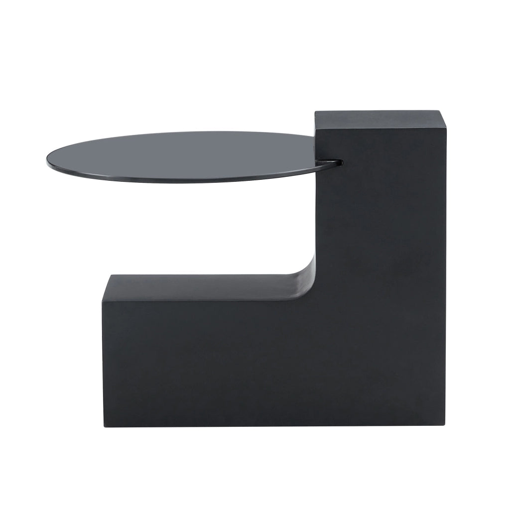 Tavolino moderno a due livelli - Zephmum - Vetro grigio trasparente, base nera L, ottica marmo bianco, design smontabile