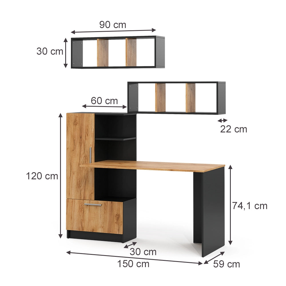 Set scrivania Tomy Antracite/Rovere dorato 150 x 59 cm Set di 3 come 2 ripiani + scrivania Vicco