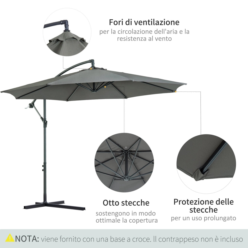Ombrellone da Giardino Decentrato Ø300x250 cm in Acciaio e Poliestere Grigio