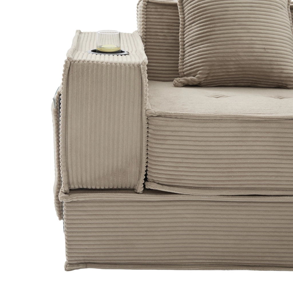 Pouf divano modulare in corduroy con due cuscini, tasche laterali e seduta ergonomica