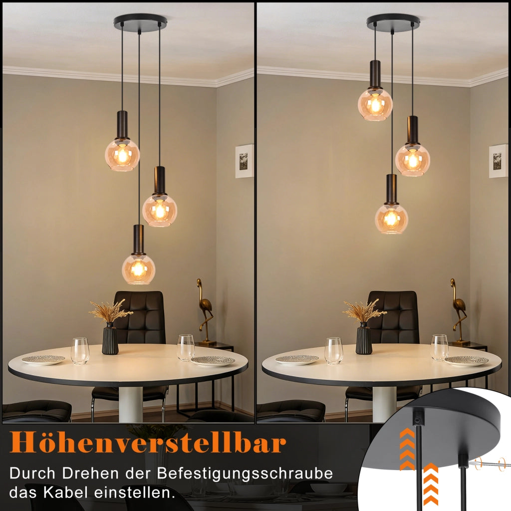 ZMH Lampada a Sospensione 3 Luci Vetro Ambra Vintage Altezza Regolabile E27 per Sala da Pranzo Cucina Senza Lampadina