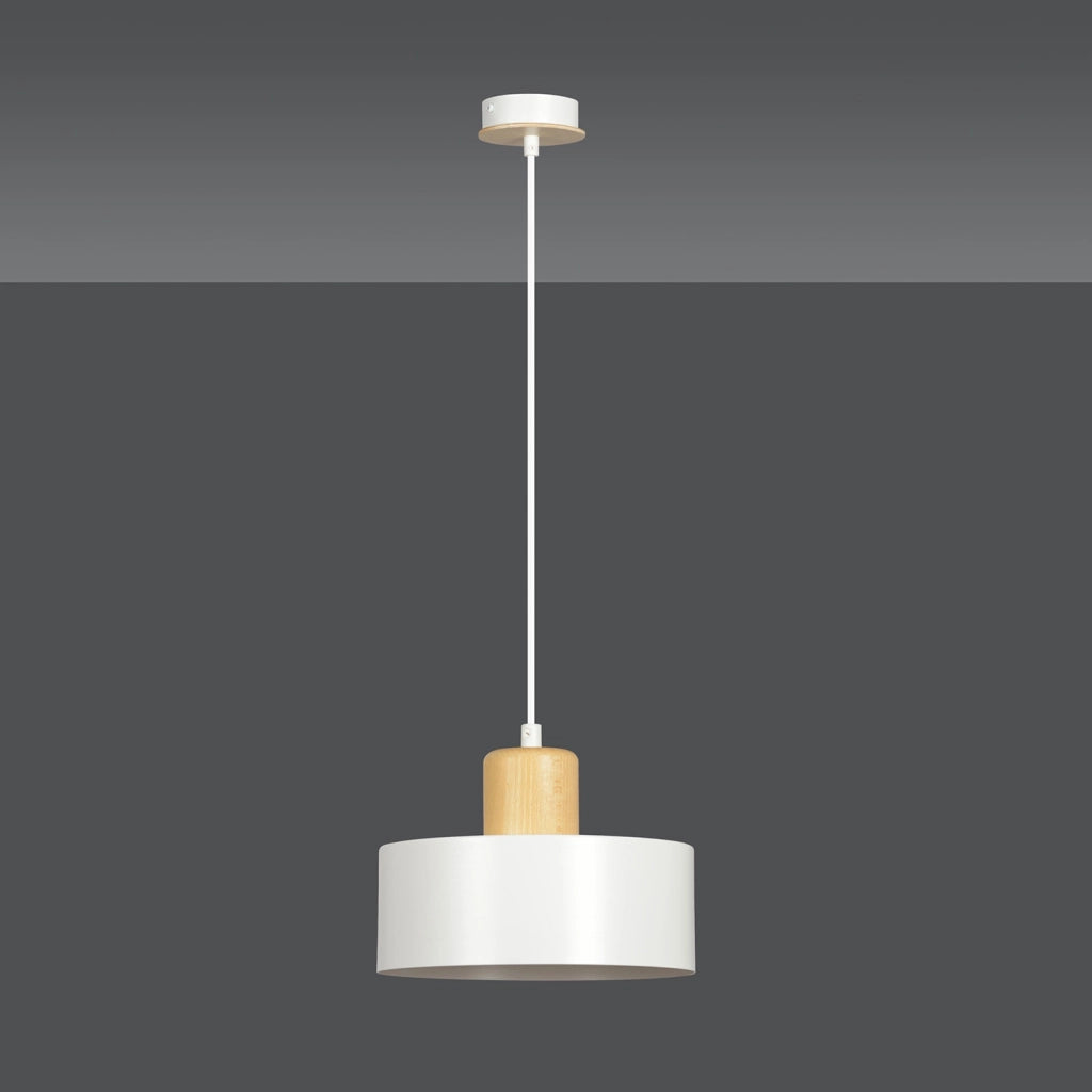 Sospensione Nordica 1 Luce Surya In Acciaio Bianco E Legno