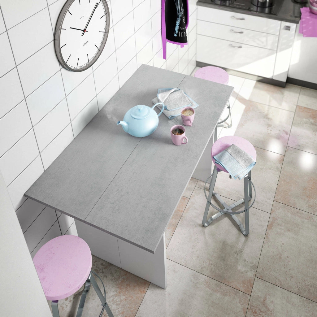 Tavolo allungabile Arila, Tavolo estensibile con apertura a libro, Tavolo consolle ausiliare pieghevole, cm 120x35h77, Bianco e Cemento