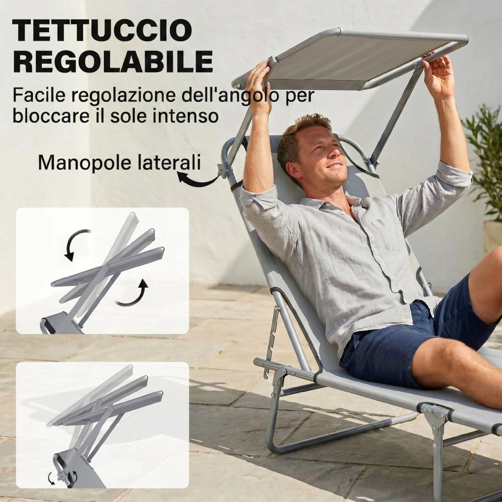 Sdraio da Giardino Pieghevole con Schienale Reclinabile e Tettuccio ¨C Zephmum ¨C Grigio Chiaro