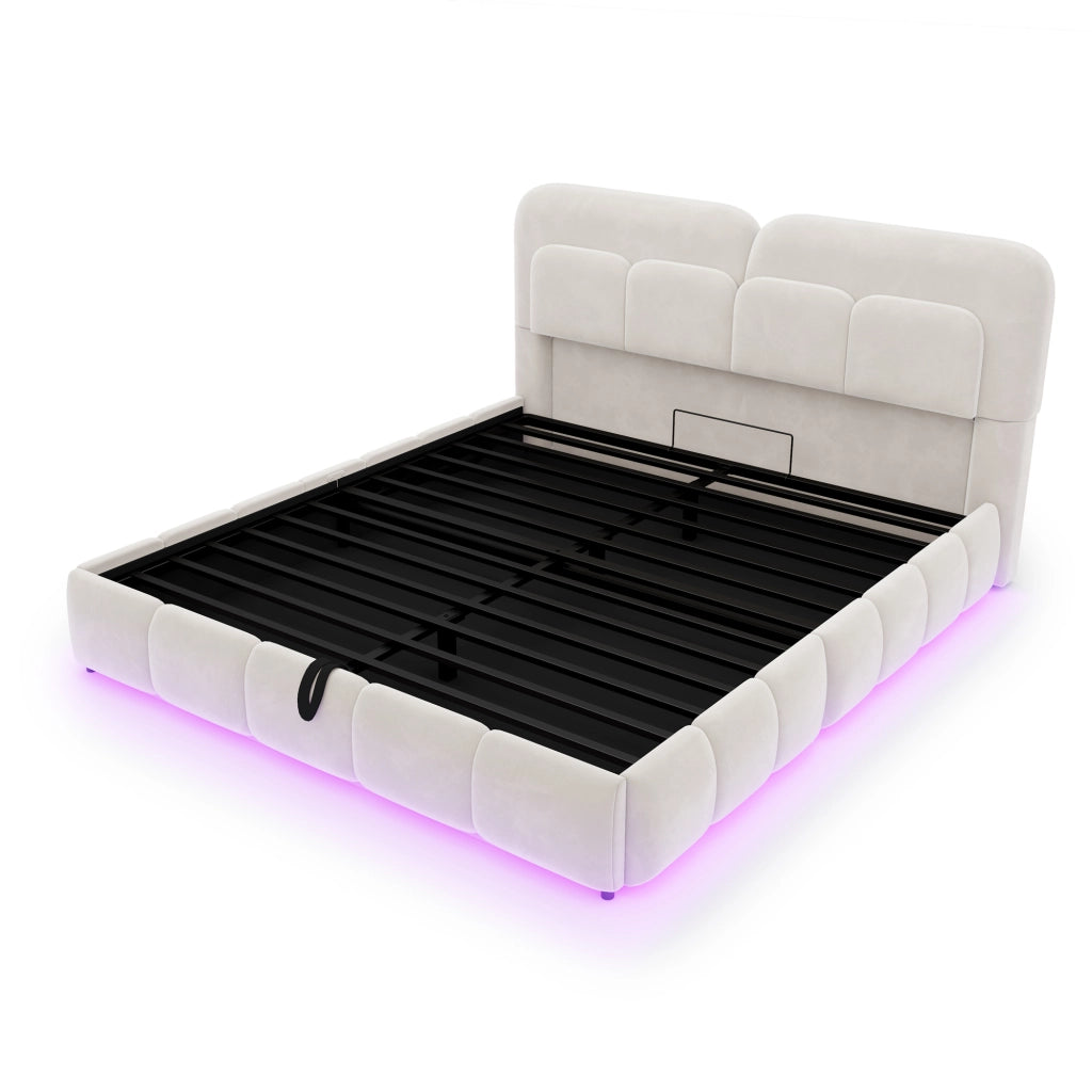 Letto Contenitore 140x200 cm; Letto Matrimoniale con LED e idraulico - in Velluto Beige