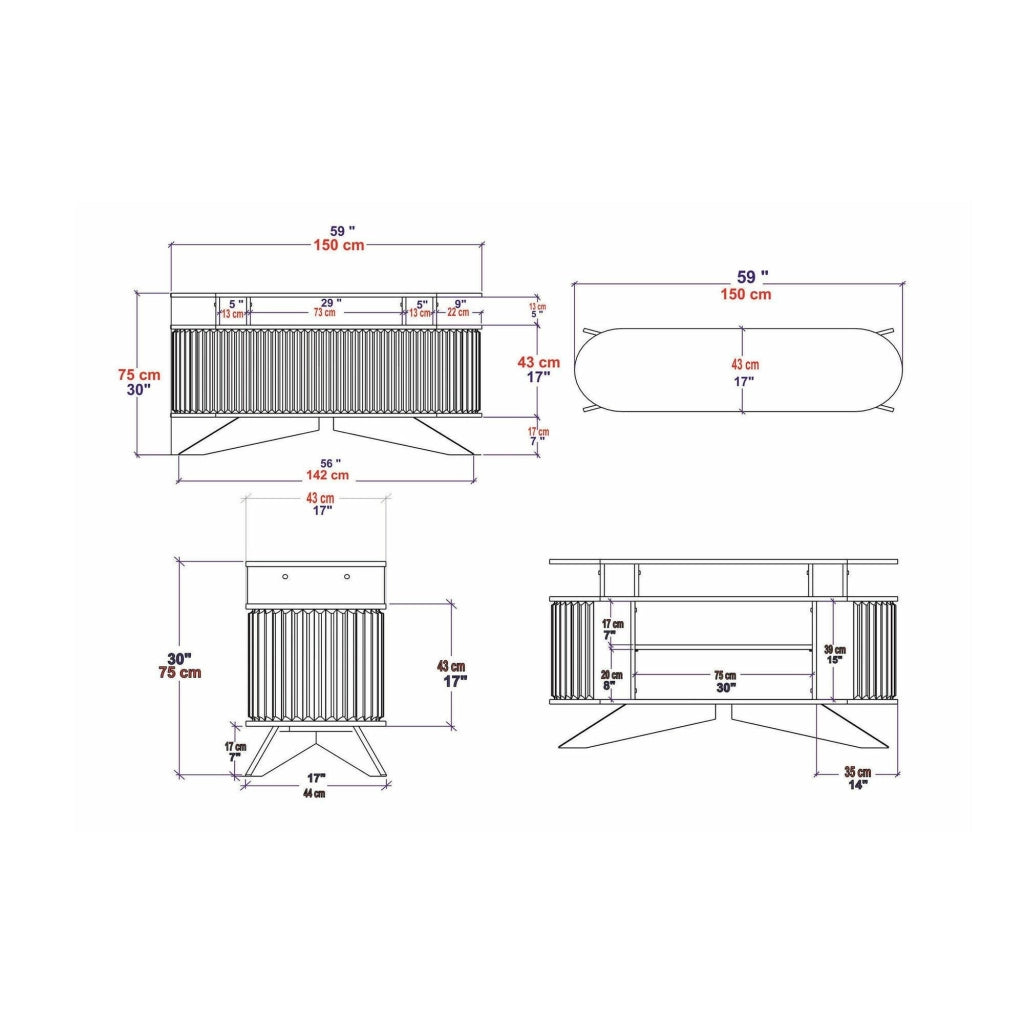 Credenza Joy, Buffet da soggiorno, Madia da salotto, Dispensa da cucina, 150x43h75 cm, Bianco e Antracite