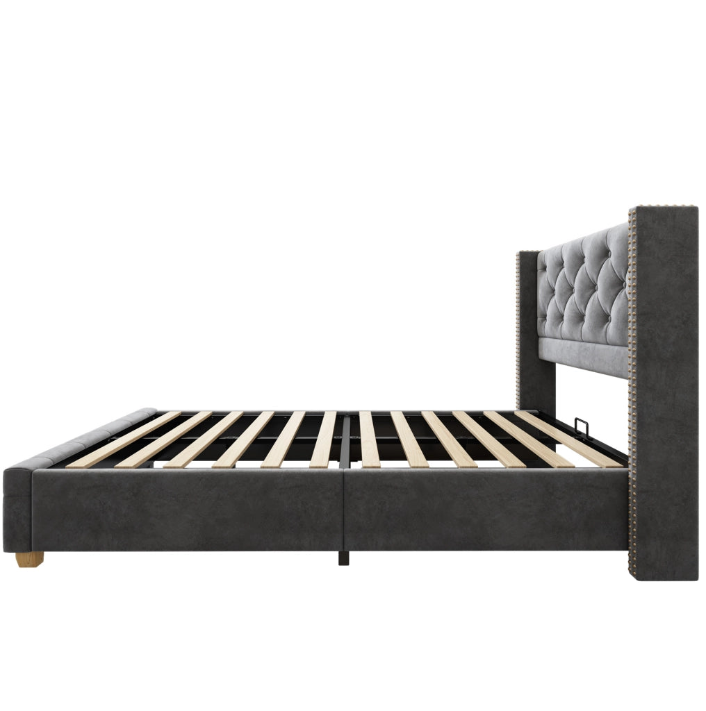 Letto imbottito 90x200 cm in velluto grigio con testiera; rete a doghe e gambe in legno