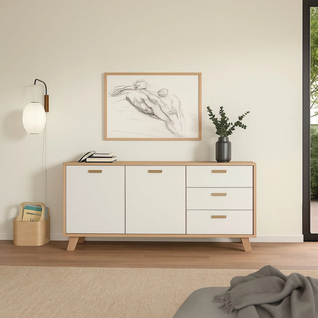 Credenza Pepito, Buffet da soggiorno, Madia da salotto, Dispensa da cucina, 147x39 h73 cm, Rovere e Bianco