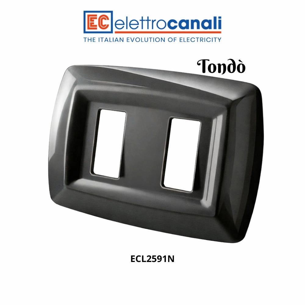Placca elettrocanali tondò nera in tecnopolimero per installazione elettrica *** numero posti 2 posti, confezione 1
