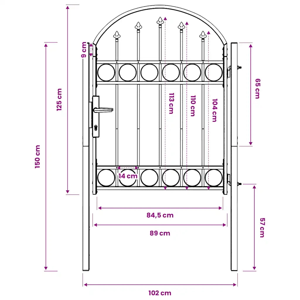Cancello per recinzione Assen con parte superiore ad arco in acciaio 102x125 cm Nero 143085