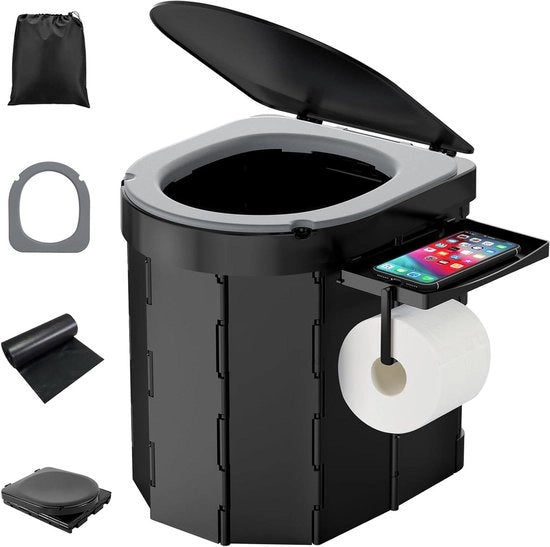 Toilet portatile con coperchio e cuscino di comfort 27 litri, toilette pieghevole con sacchetto di assorbimento e raccogli carta e porta smartphone, ideale per campeggio, escursioni, viaggi e pesca.