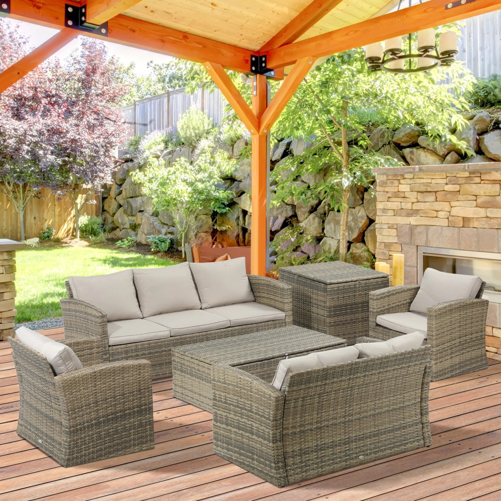 Set da Giardino 6 Pezzi in Rattan con Divani, Poltrone e Tavoli Contenitore, Beige