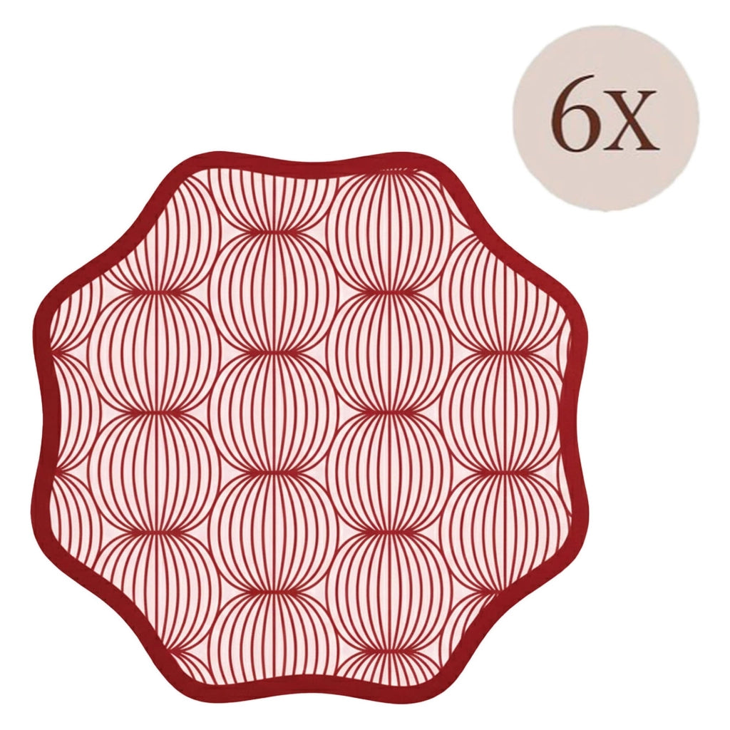 Kalp, Tovaglietta Americana set da 6, Bordo Ondulato, Fantasia Geometrica a Cerchi Intrecciati Made in Italy, 40x40 cm Rosso