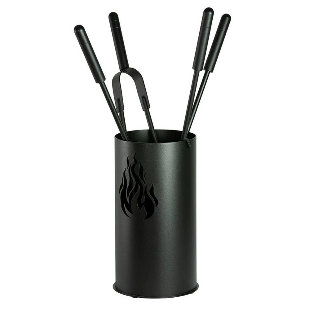 Porta attrezzi camino fiamma acciaio nero 4 accessori h.60 d. 16 cm. Made in Italy
